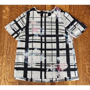 Daniel Rainn Black White Plaid Floral Print Short Sleeve Zipper Back Top M  A44